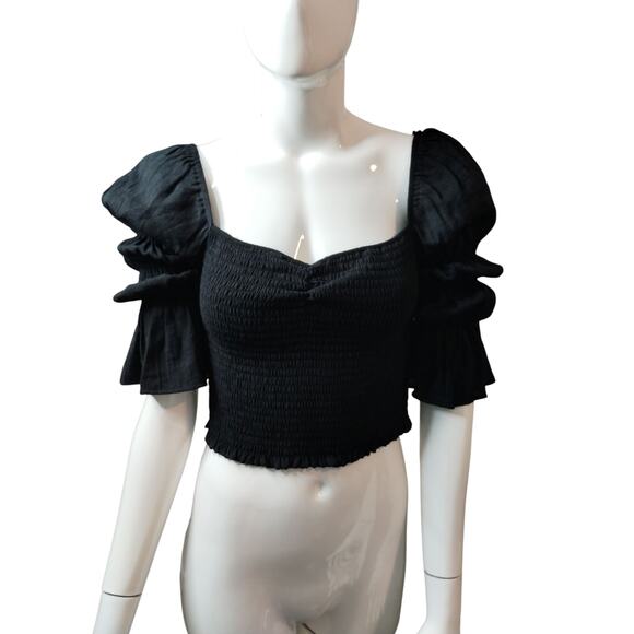 Lulus Women's size M Savia Black Smocked Puff Sleeve Crop Whimsigoth Witchy Top - Picture 2 of 12